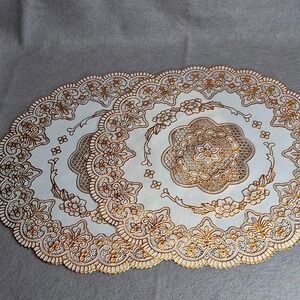 Set of 2 - 12" Gold & White Vinyl Lace Placemats Washable Doilies Cottagecore
